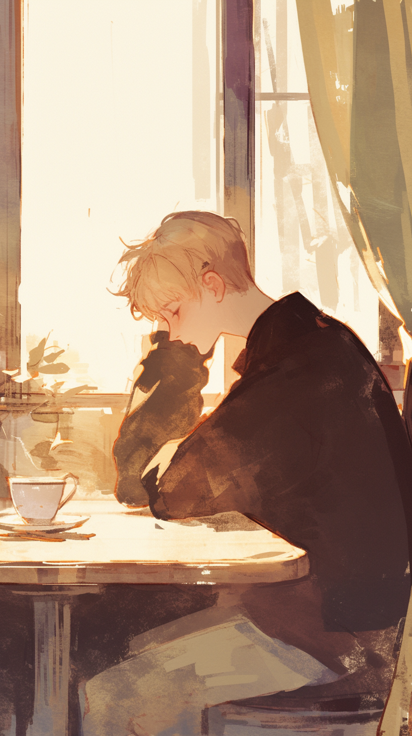 Man with blonde hair in café, lost in thought.