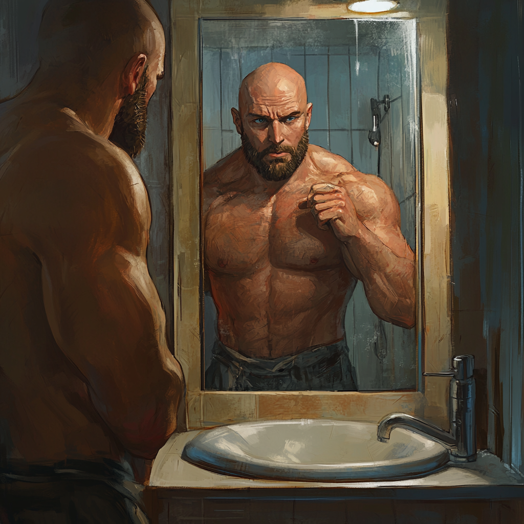 Man with broad shoulders, bald, dark brown beard, blue eyes.