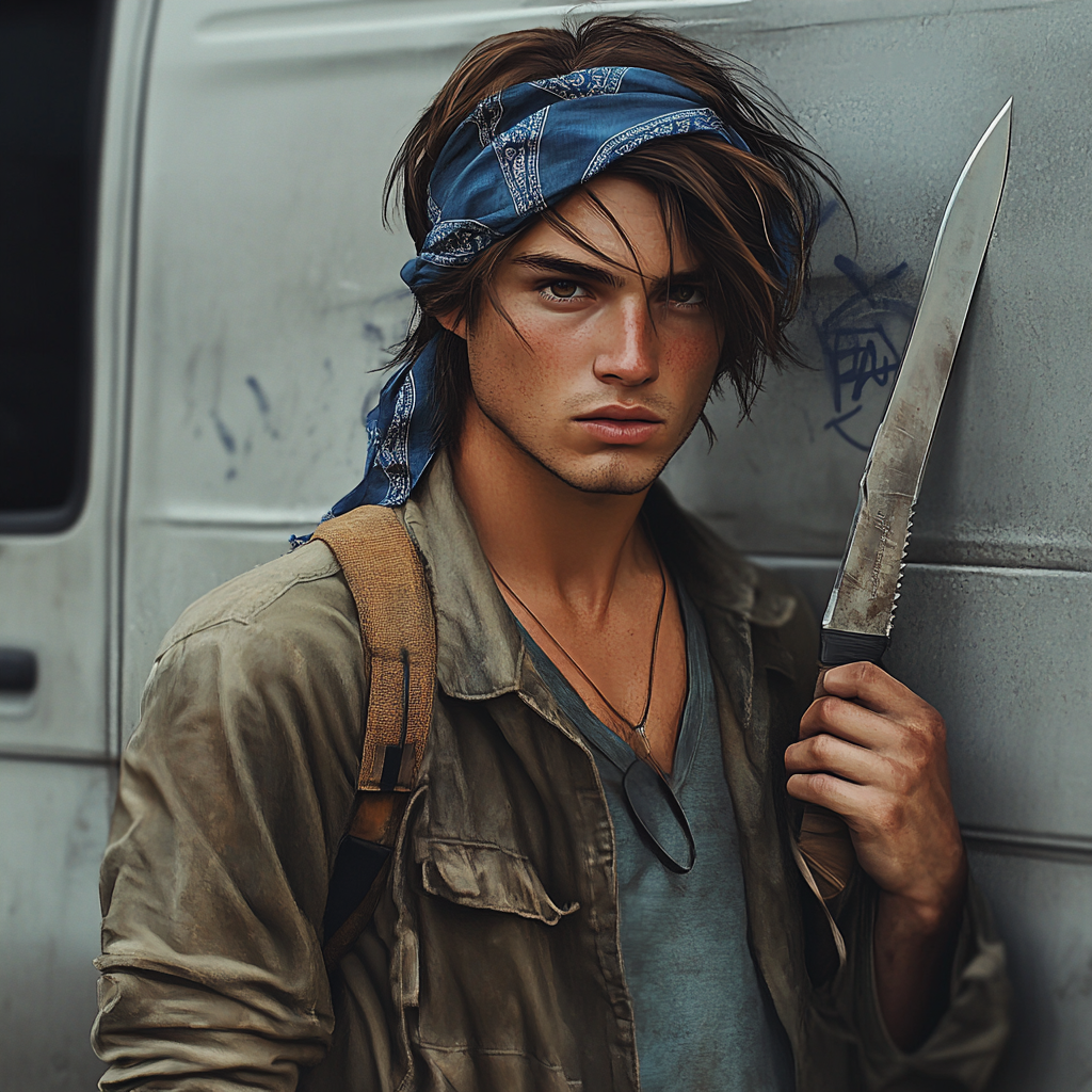 Man with brown hair in resistance fighter outfit with knife.