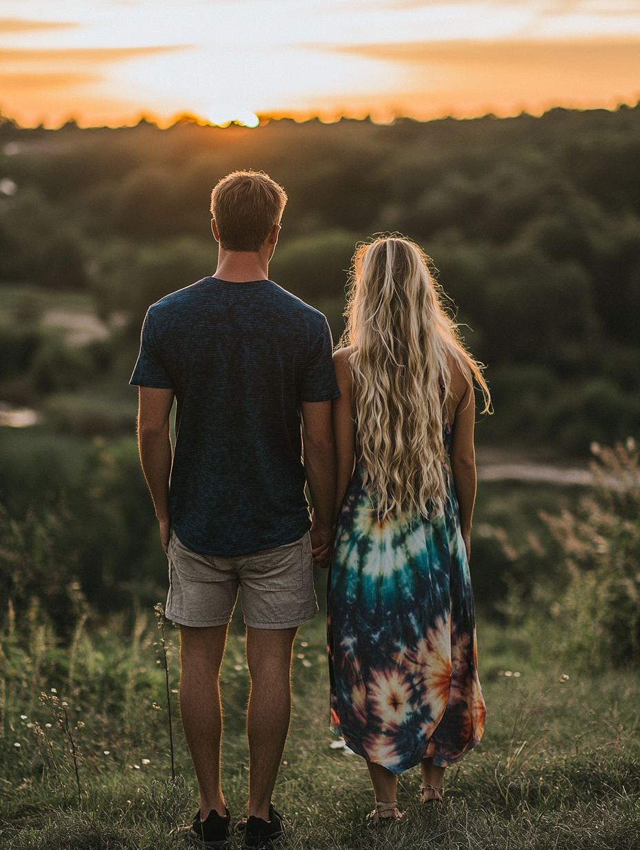 Man with buzz cut and woman in tie-dye.