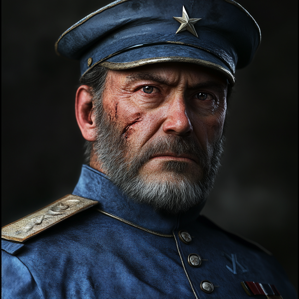 Man with commanding presence in blue military uniform.