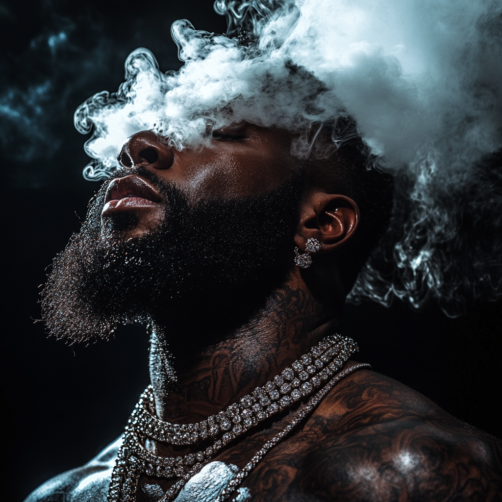 Man with dark skin, beard, smoky breath, diamonds, tattoos.