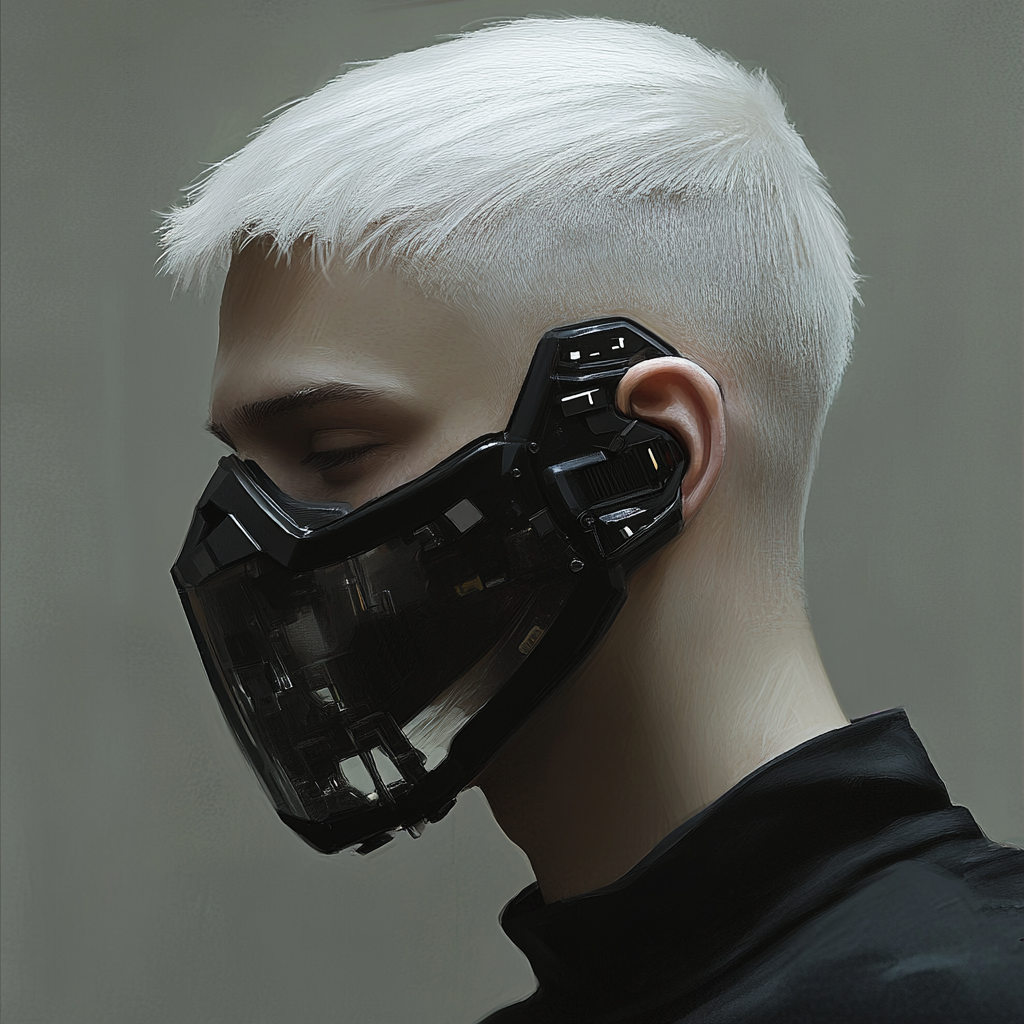 Man with electronic mask, white hair, shaved sides.