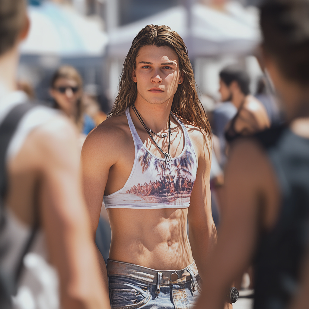 Man with feminine appearance, dressed as woman, turns heads.