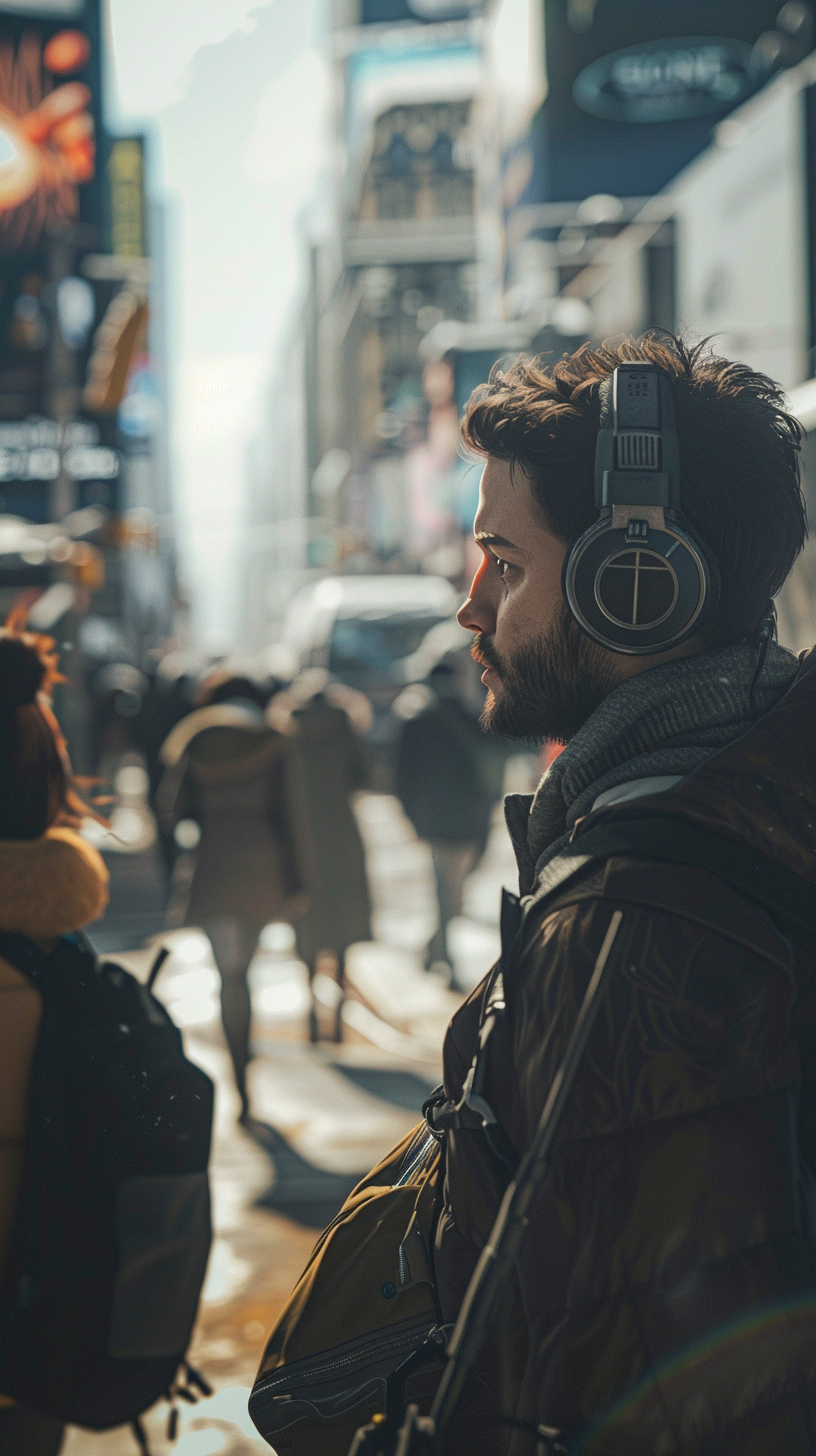 Man with gaming headset distracted by beautiful woman walking.