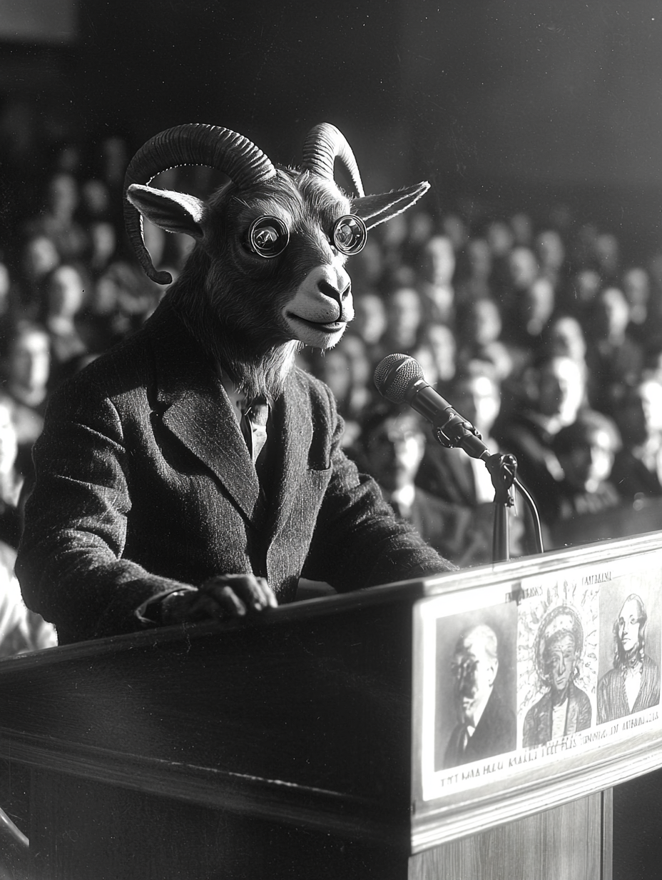 Man with goat face speaks at lectern.