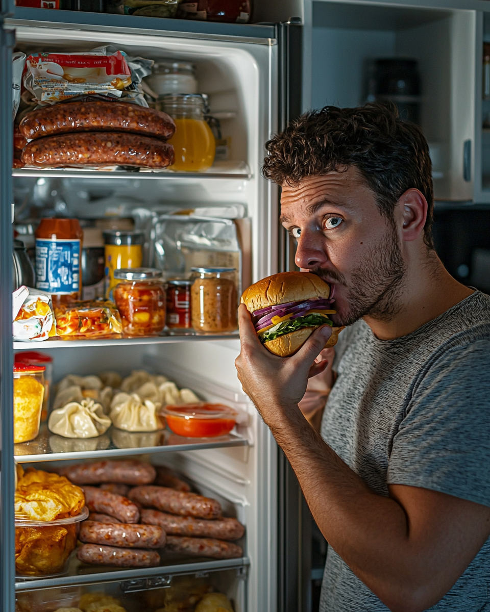 Man with hamburger looks into full fridge.