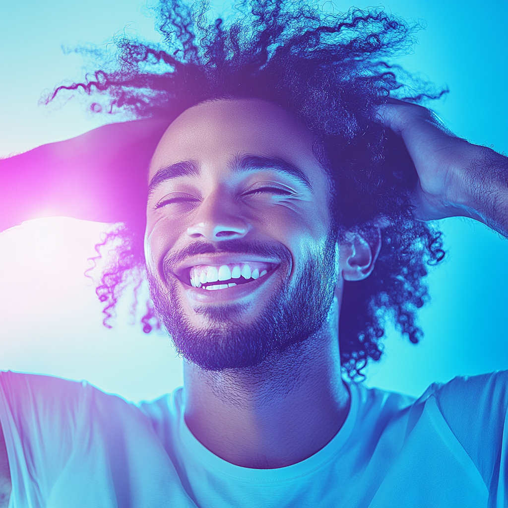 Man with huge smile showcases happiness and confidence.