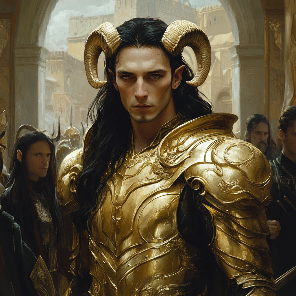 Man with long hair in gold armor, Aries-like.