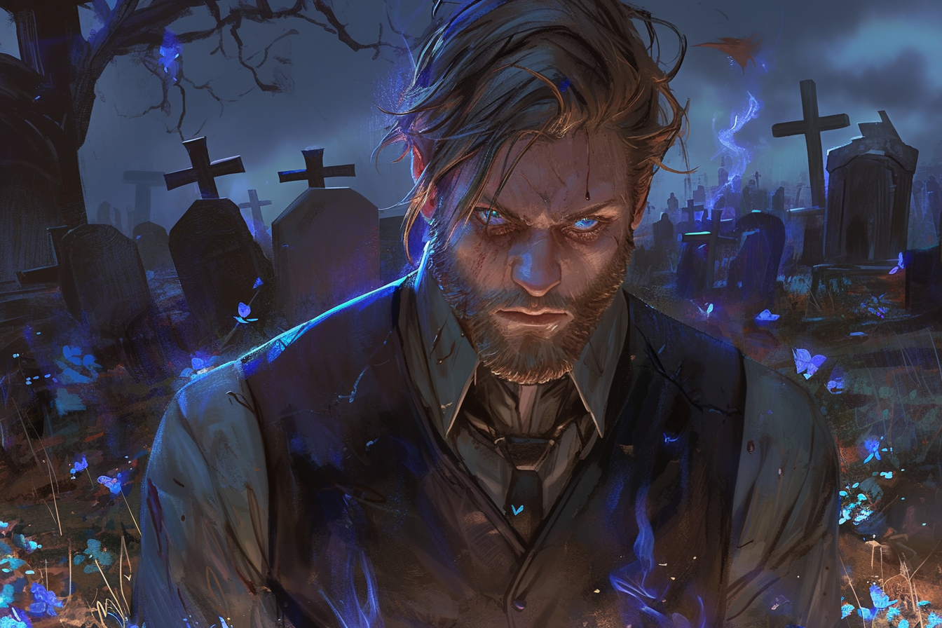 Man with messy brown hair and blue eyes in graveyard.