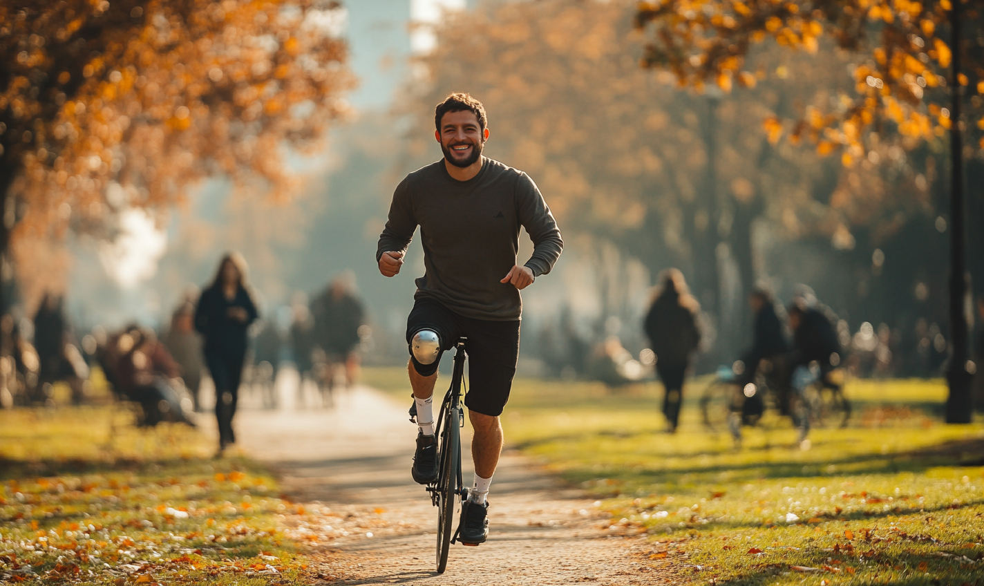 Man with prosthetic leg runs in park happily.