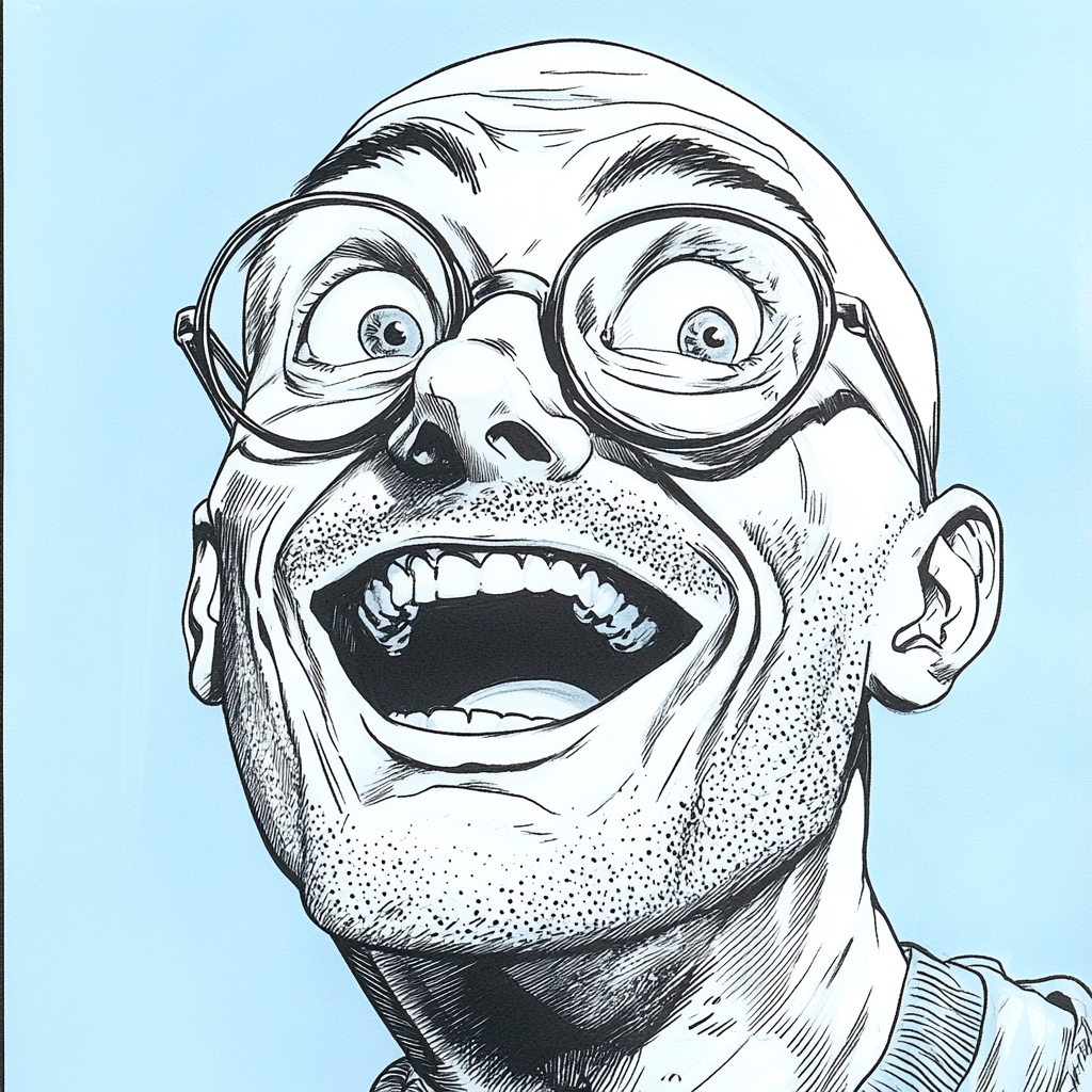 Man with round glasses laughing with dollar eyes.