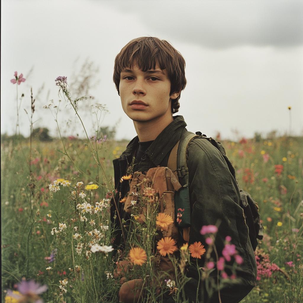 Man with short brown hair in wildflower meadow portrait.