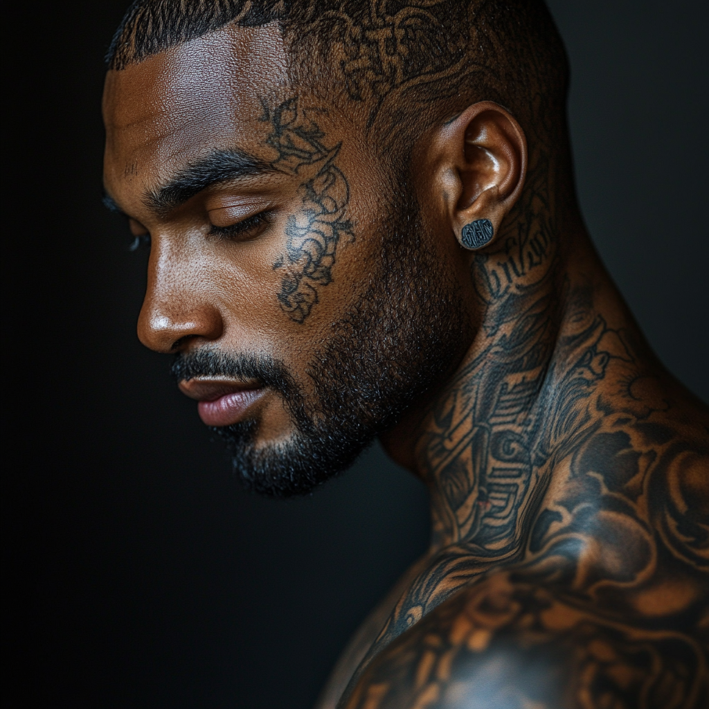 Man with tattoos, deep in thought, head turned left.