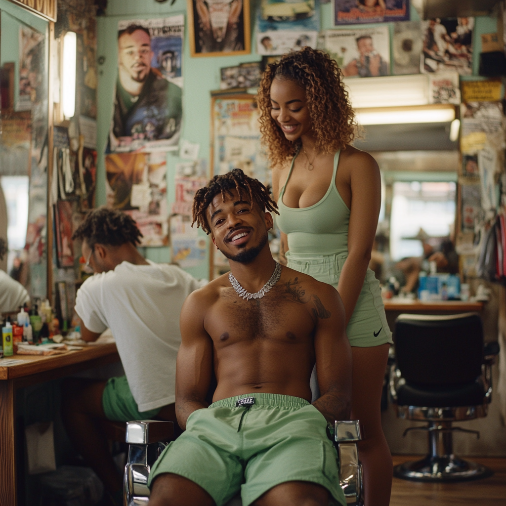 Man with uneven hairline in barbershop with humorous banter.