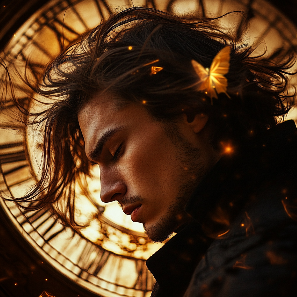 Man with windblown hair surrounded by spinning clock and zodiac fairies.