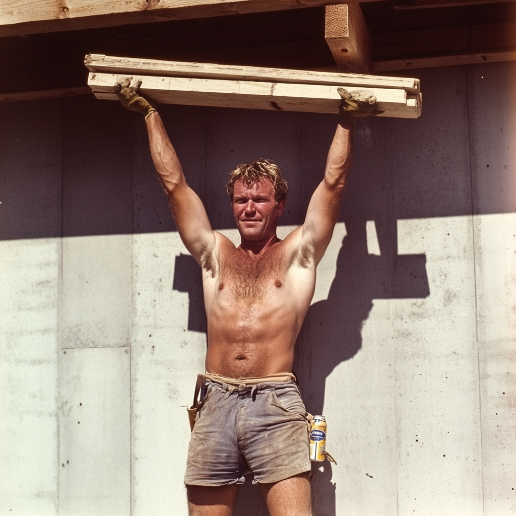 Man working hard on deck construction 1970s summer beer.