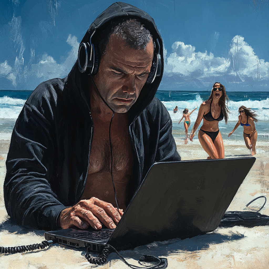 Man working on laptop at beach while women play.