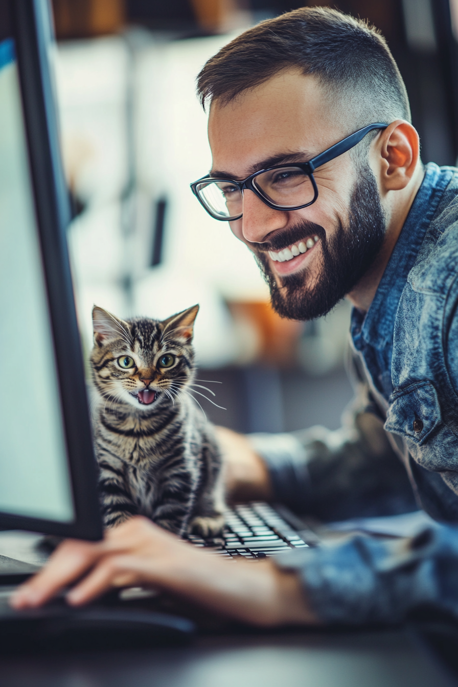 Manager in video meeting with cat trying to join in.