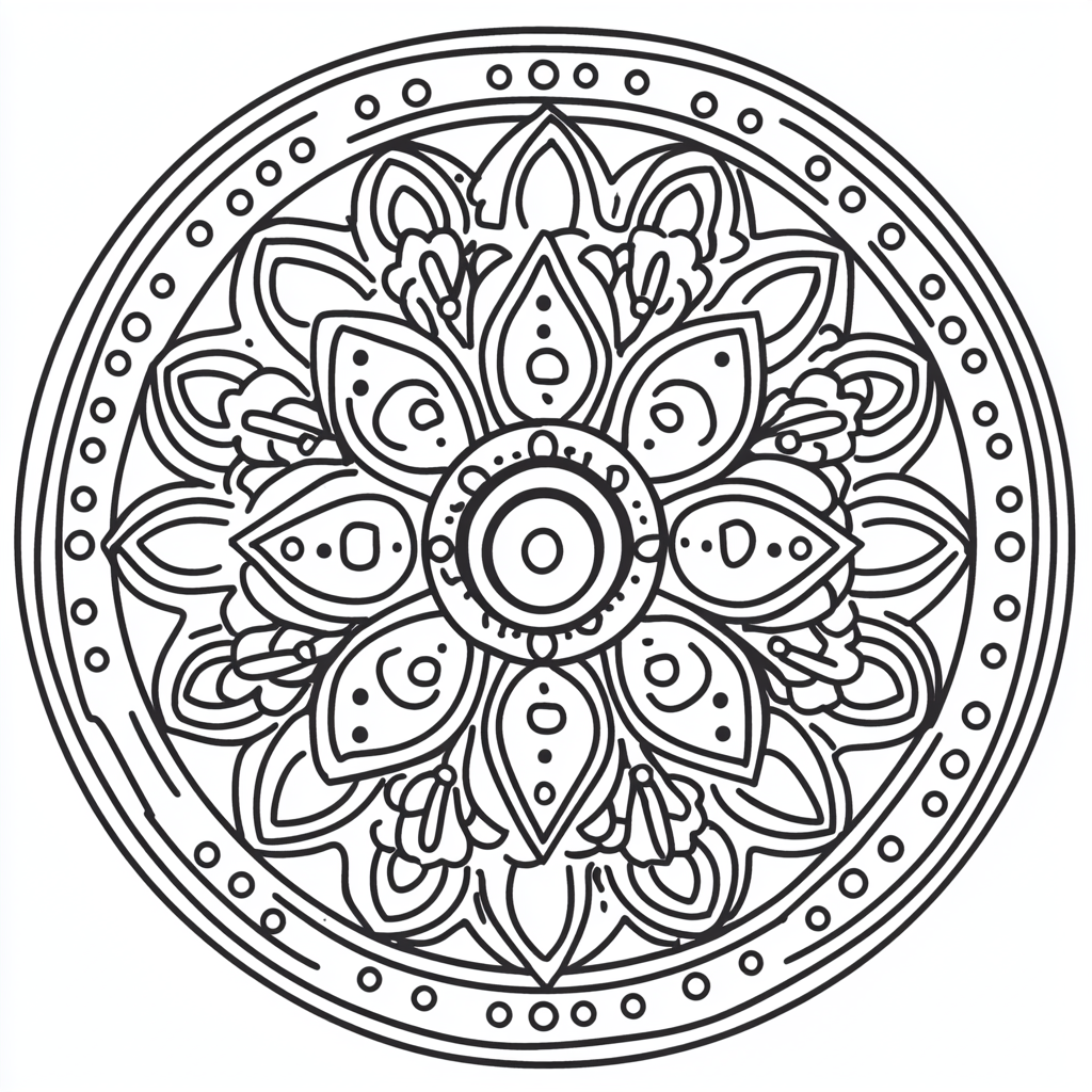 Mandala coloring page for kids with geometric patterns.