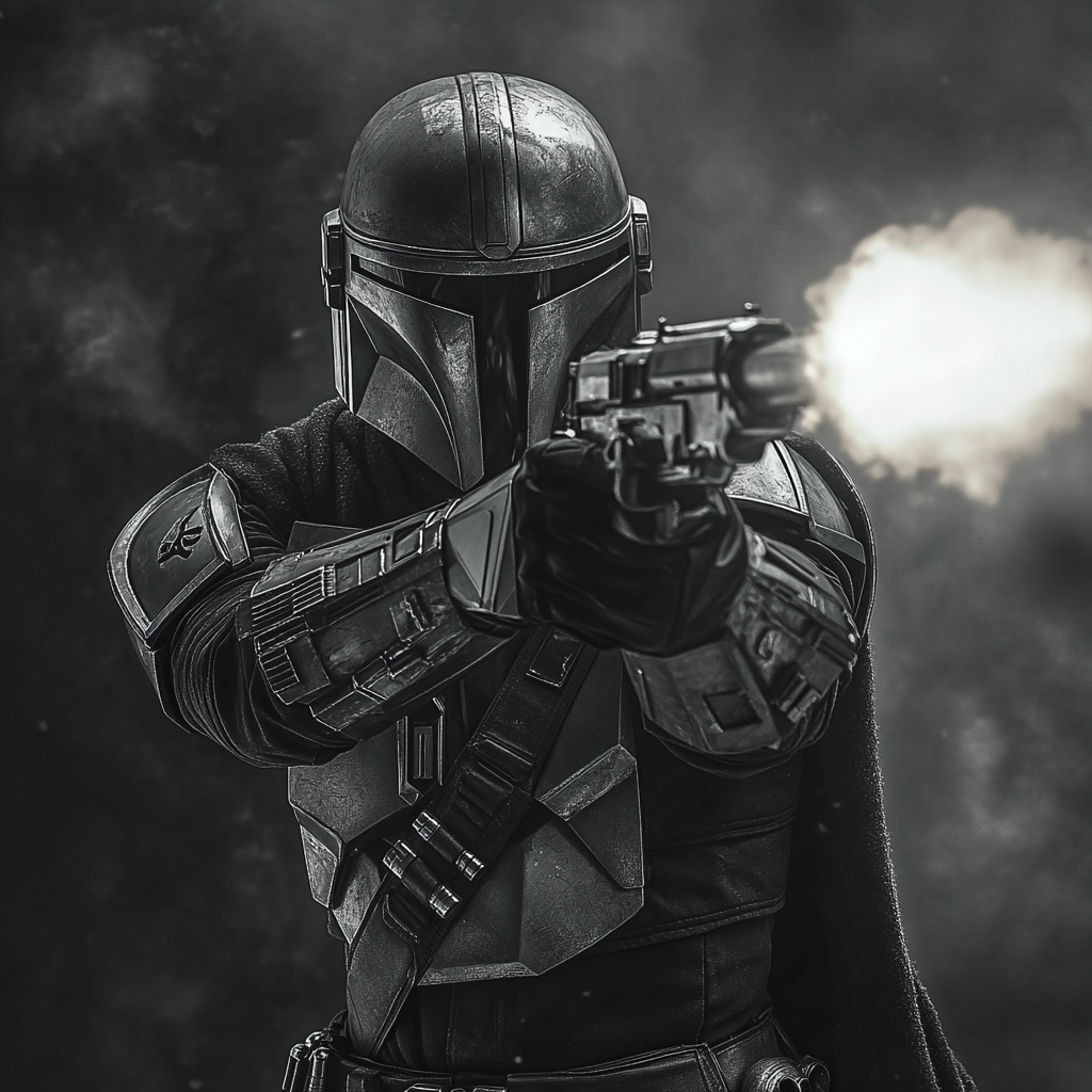 Mandalorian shooting blaster in cinematic black and grey photography. 