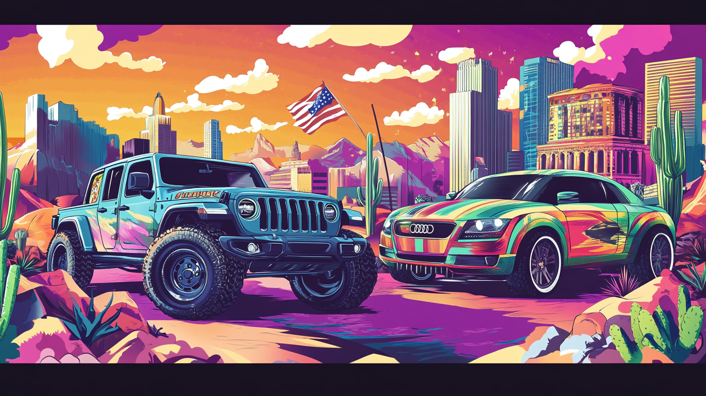 Manga-style cartoon of Jeep and Audi in Arizona desert.