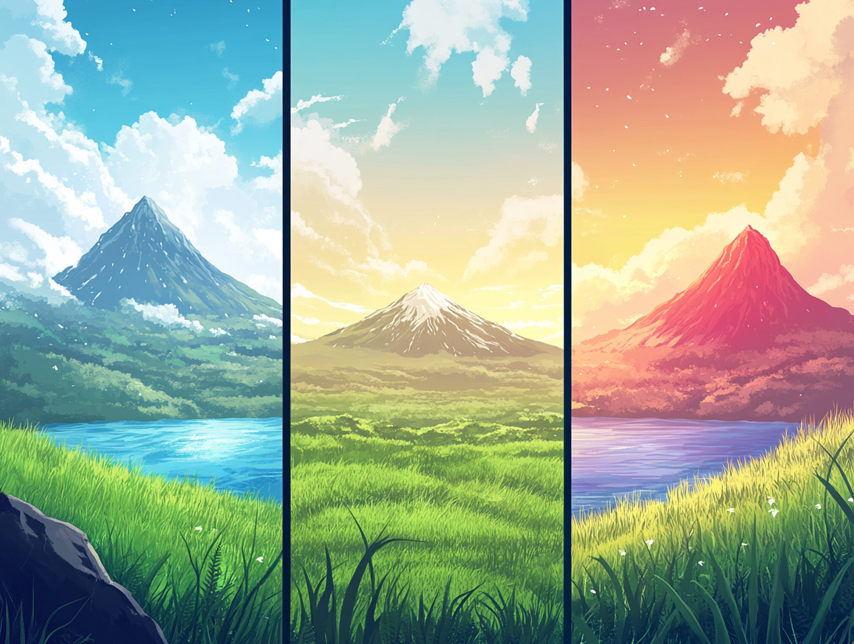 Manga style landscape with grassland, lake, volcano