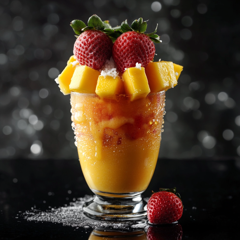 Mango, coconut, strawberry in clear cup, black background.