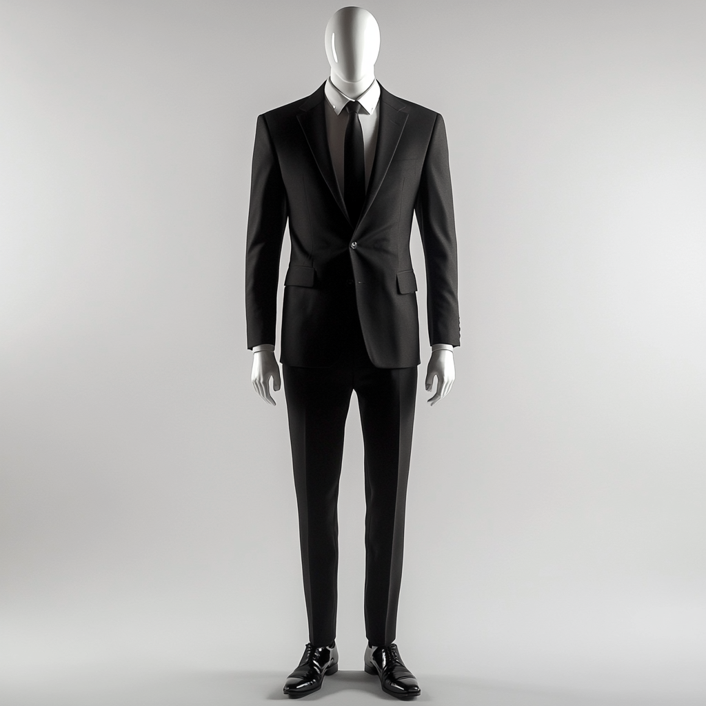 Mannequin in classic black suit with white background.