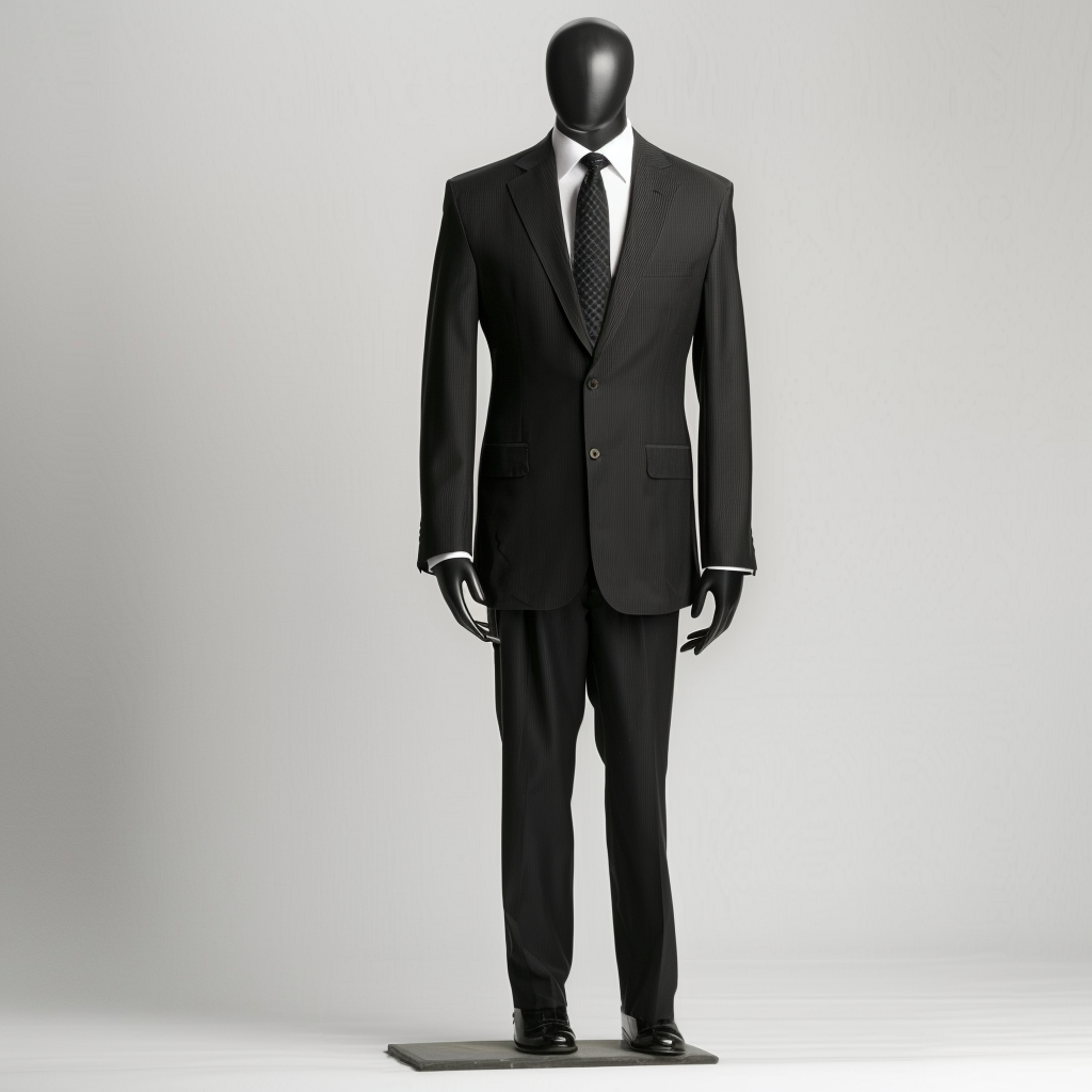 Mannequin in studio setting wears classic black suit clothes