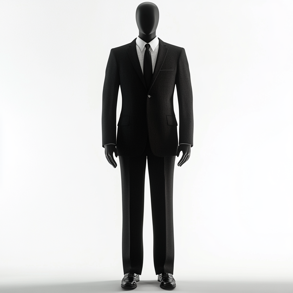 Mannequin in studio wearing tailored black suit, white background.