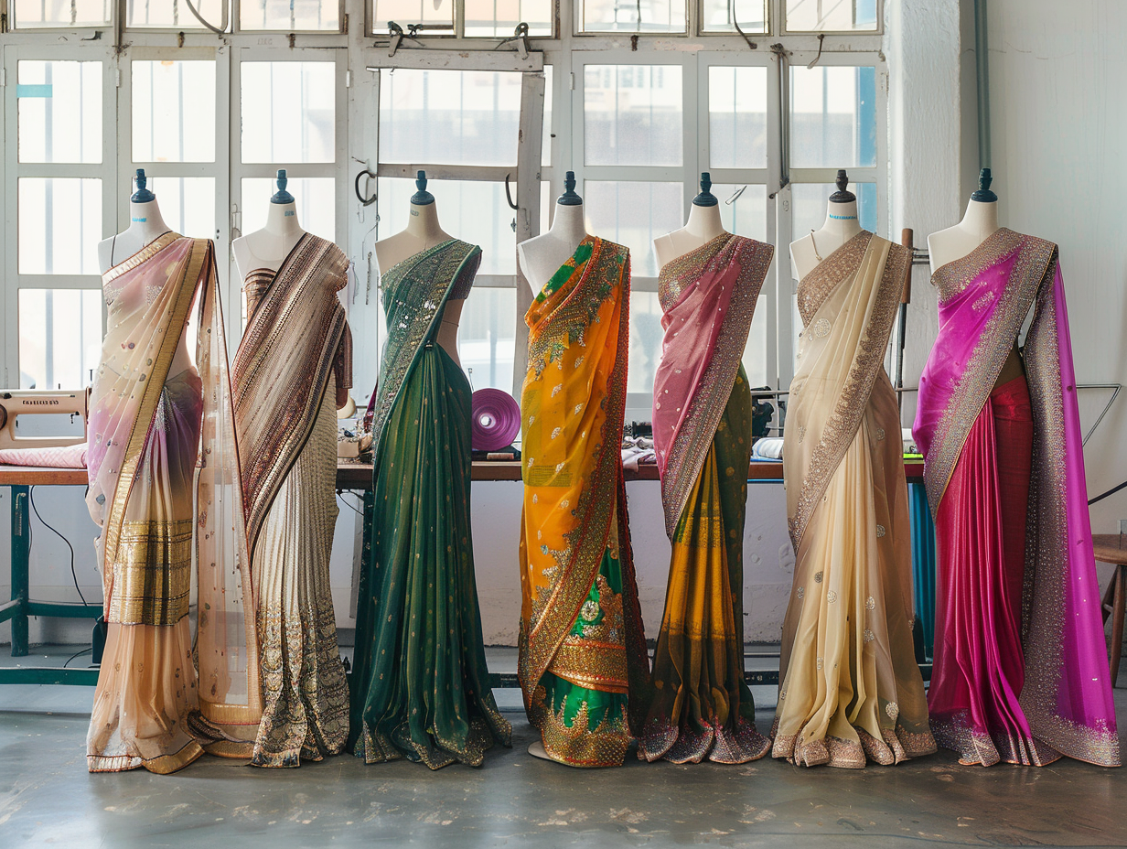 Mannequins in studio wearing sarees tailored for shapes.