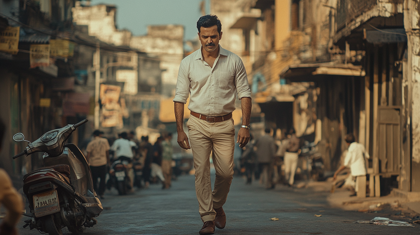 Manoj Bajpayee in fitted white shirt, Khakhee pants.