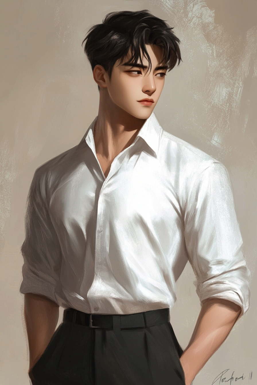 Manwha character design, masculine, handsome, romantic, Asian bully.