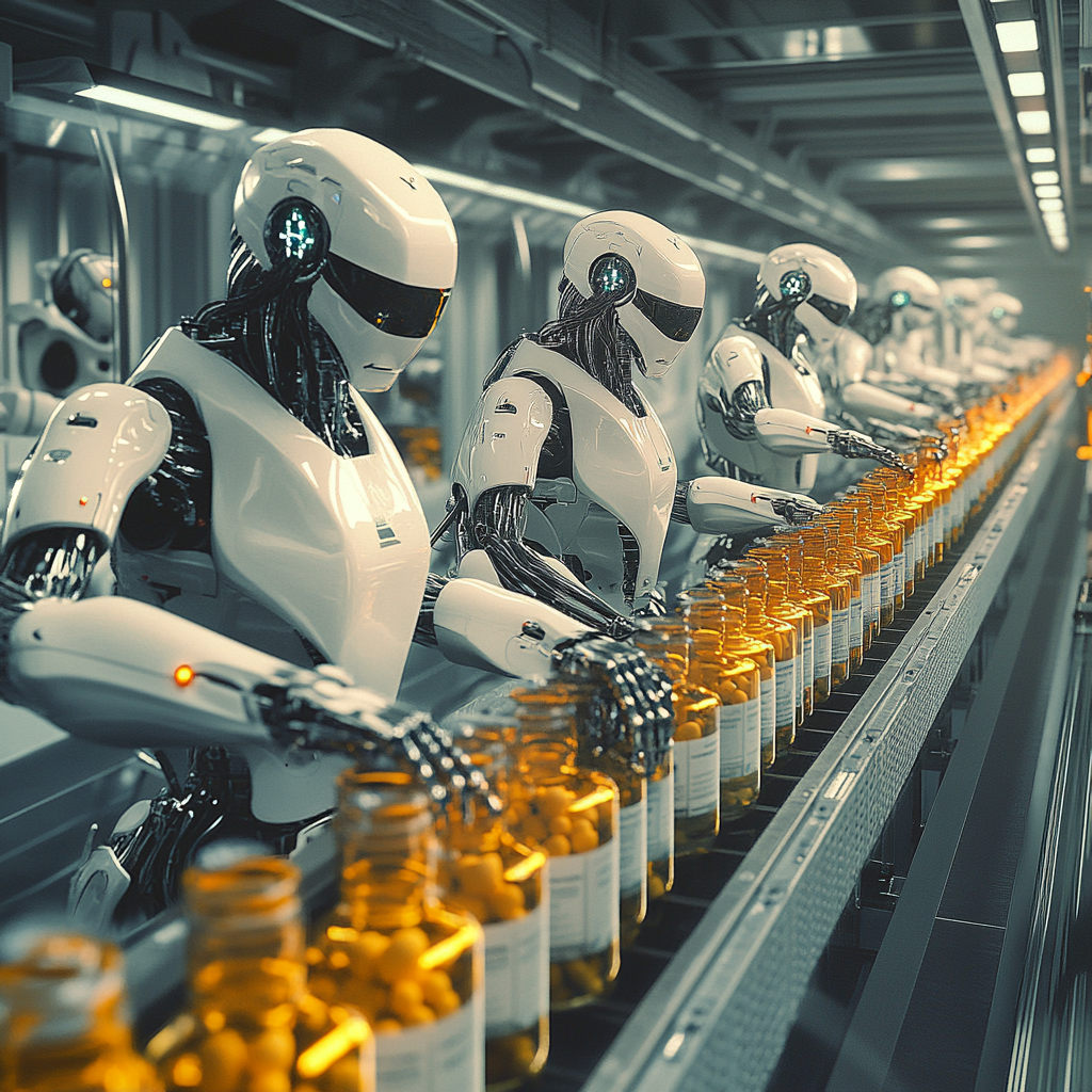 Many robots assembling medicine bottles with pills on line.