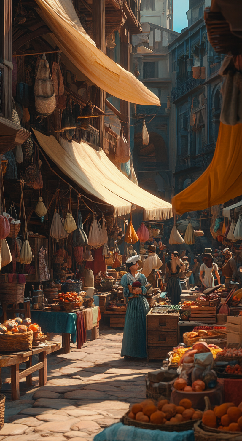 Many vendors in market, detailed, realistic Disney animation scene.