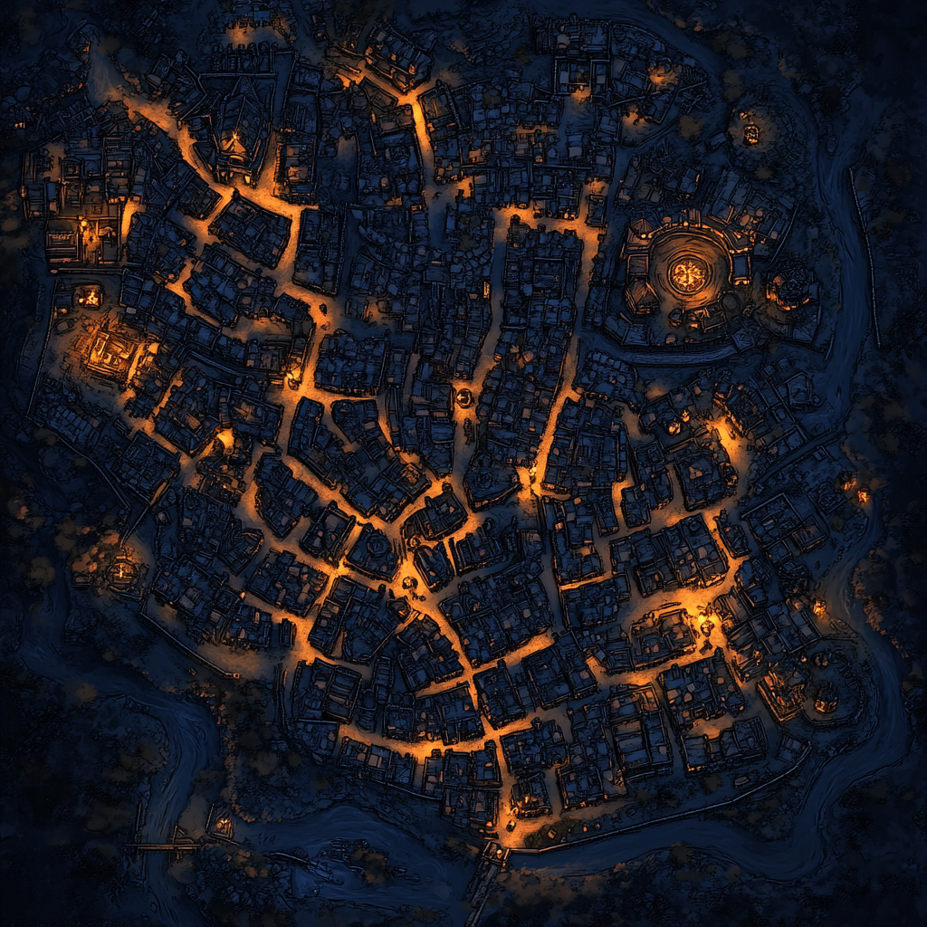 Map for dark, medieval city for dnd game.