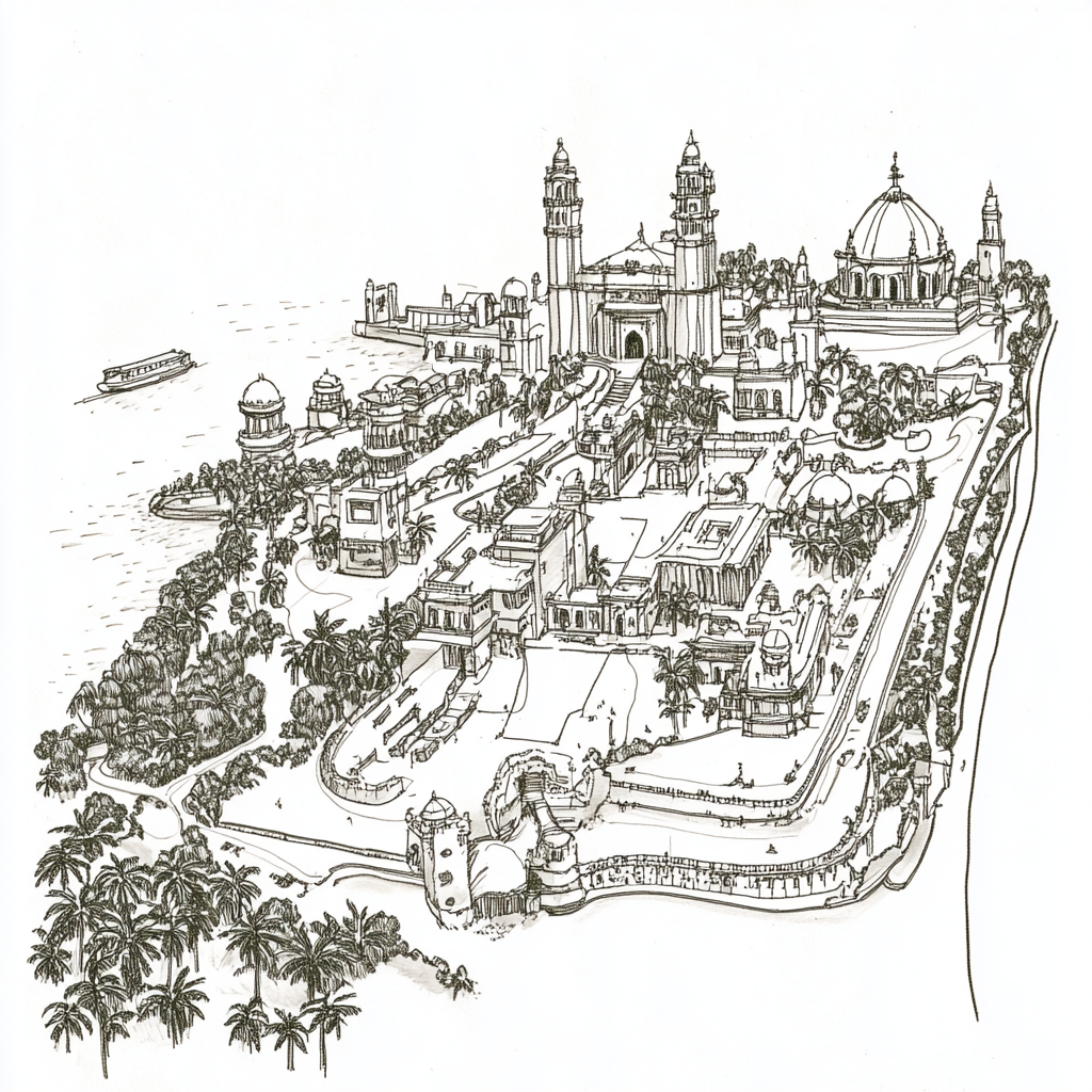 Map of Mumbai with famous landmarks in line art.