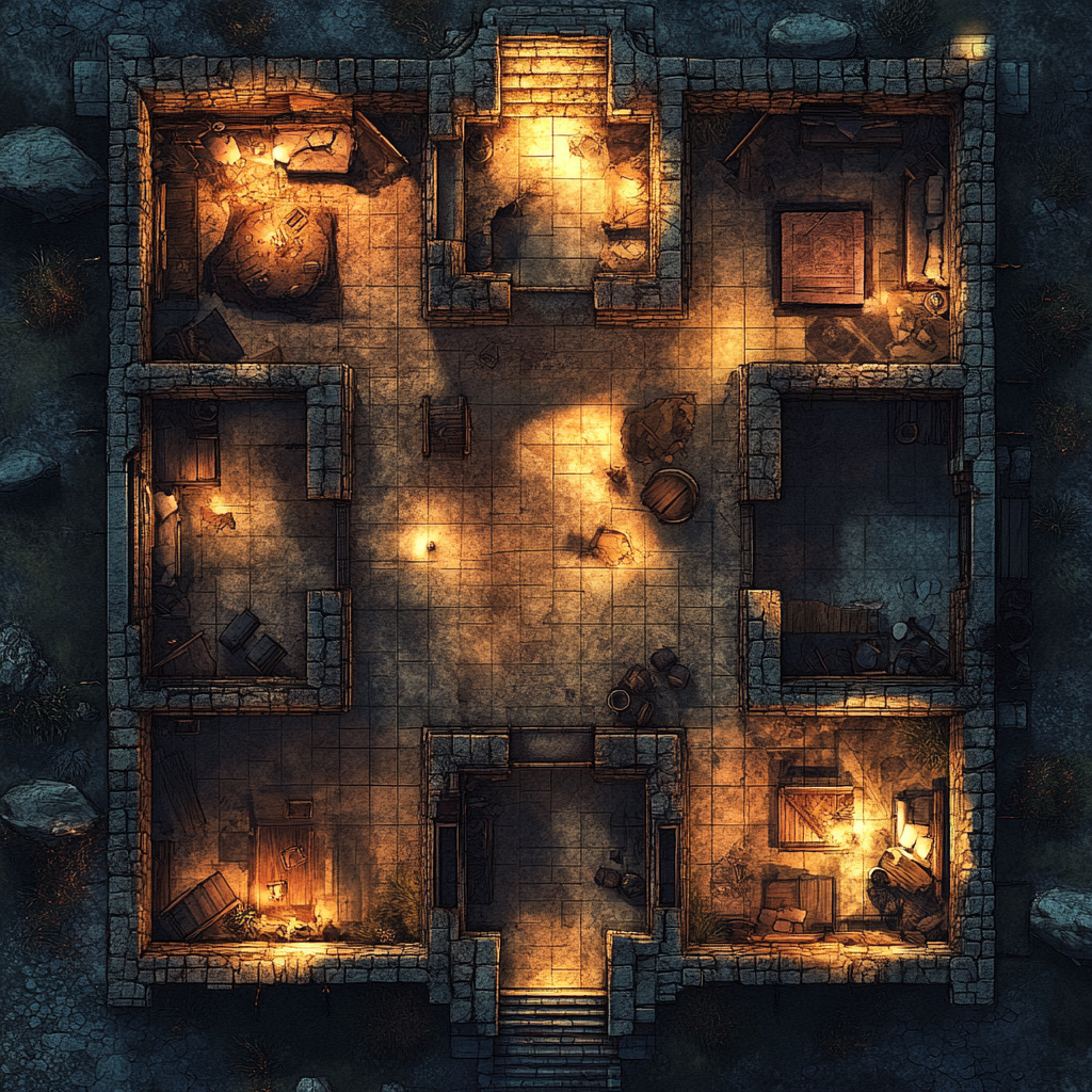 Map of fort's ground floor, dilapidated furnishings, at night.