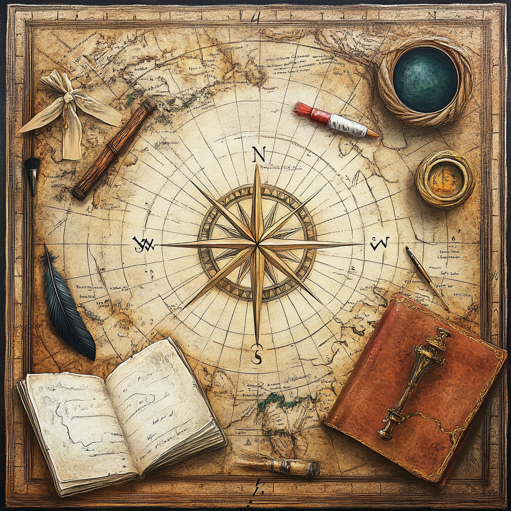 Map with compass rose surrounded by objects