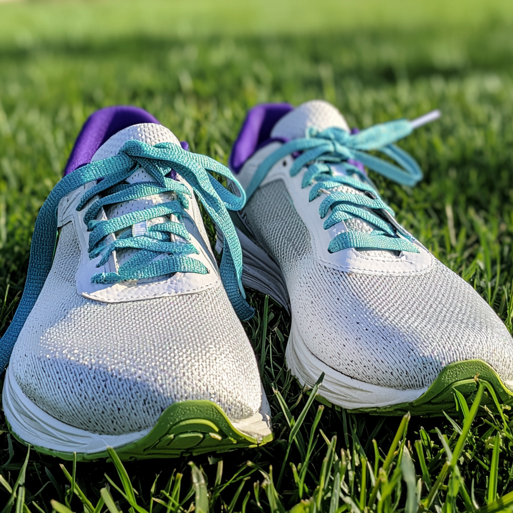 Marathon runner's shoes in soft, cool tones on grass