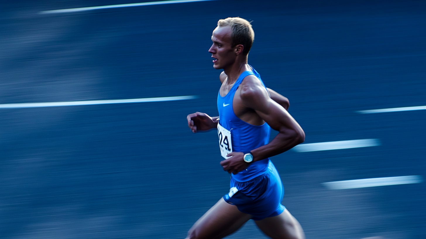 Marathon runners with blue uniforms and white numbers