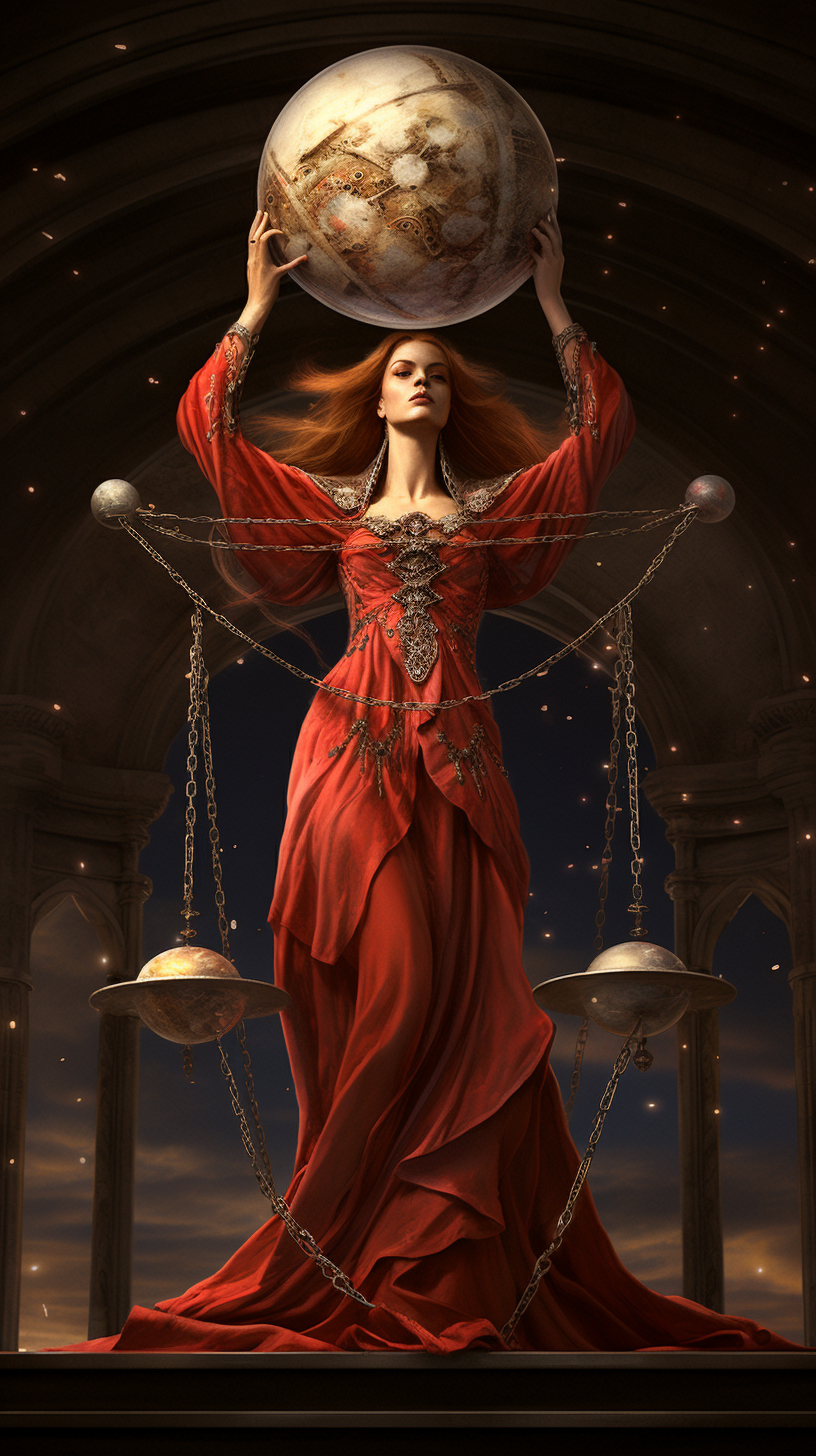 Marble Pillars setting, red priestess balances moon crescent.