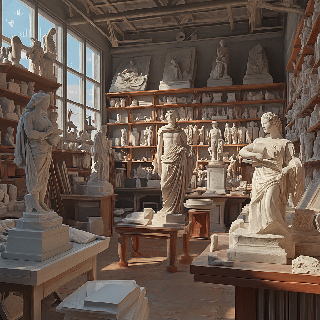 Marble statue workshop featuring classical sculptures.