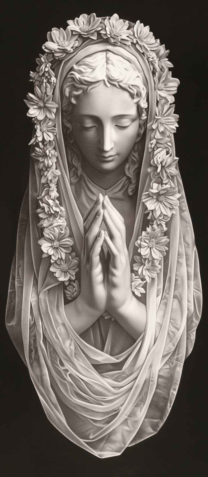 Marie statue with veil and praying hands design.