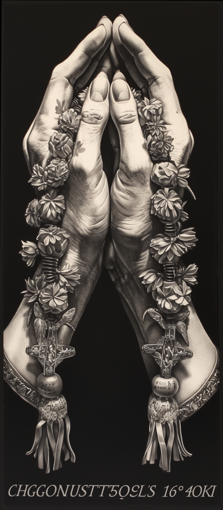 Marie with flower rosary tattoo, hyperrealistic black background.