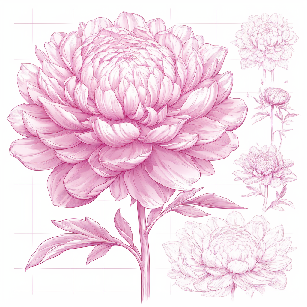 Marigold flower logo design in pink on white background.