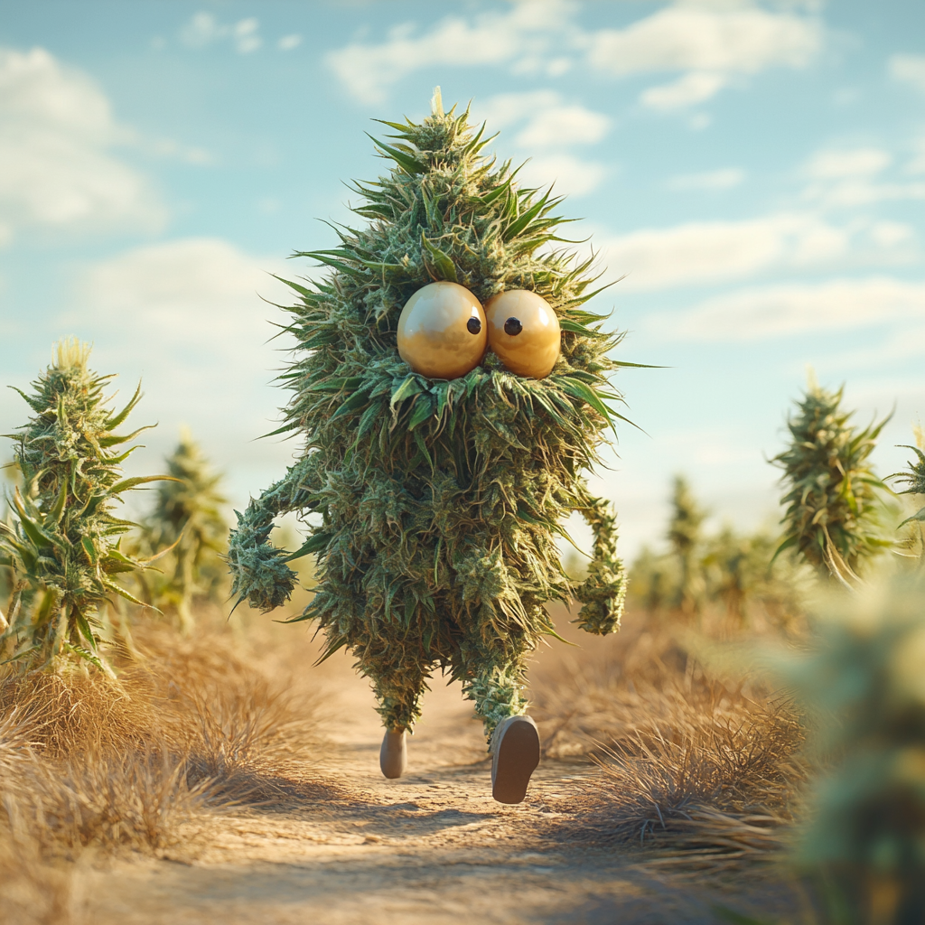 Marijuana nug character navigating minefield, Pixar-style, detailed cannabis love.