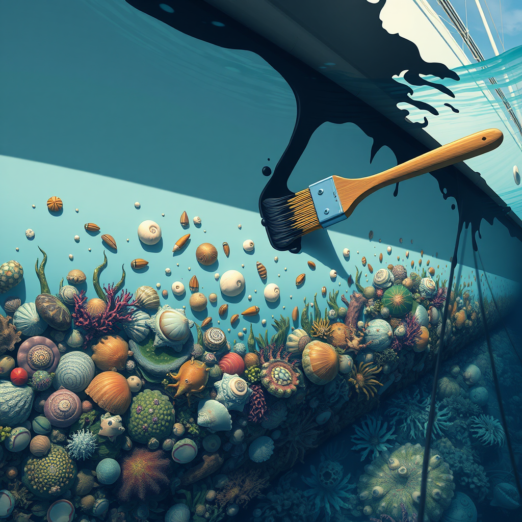 Marine life flee from black paint on yacht.