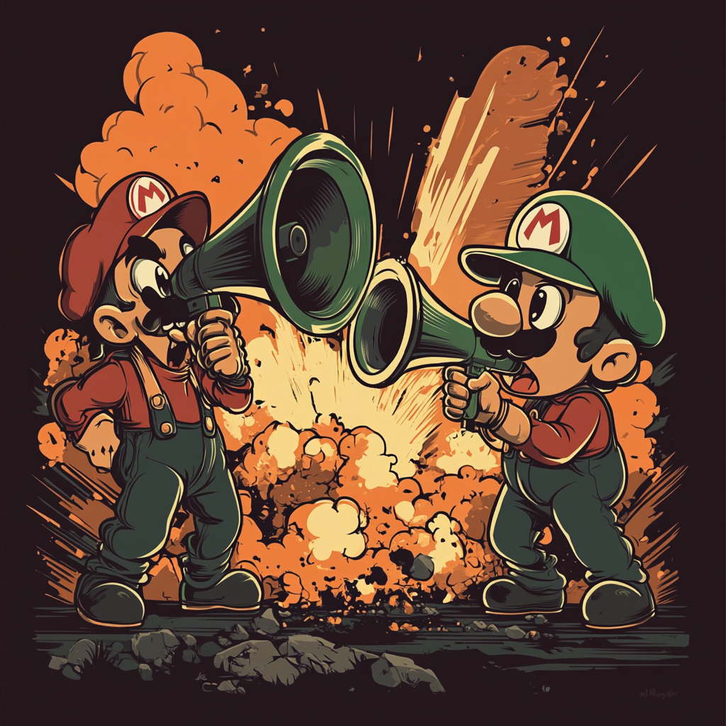 Mario and Luigi direct film scenes with megaphones.